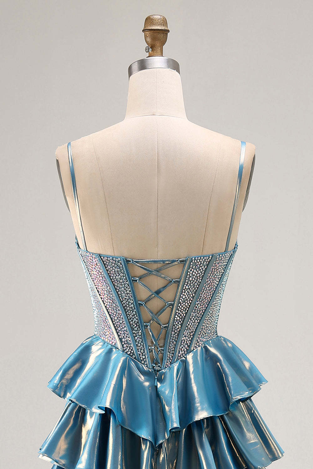 Blue Ruffled Metallic Corset Tiered Long Prom Dress with Beading