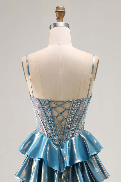 Blue Ruffled Metallic Corset Tiered Long Prom Dress with Beading