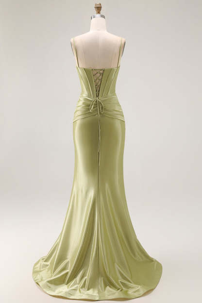 Sparkly Green Corset Spaghetti Straps Mermaid Long Prom Dress