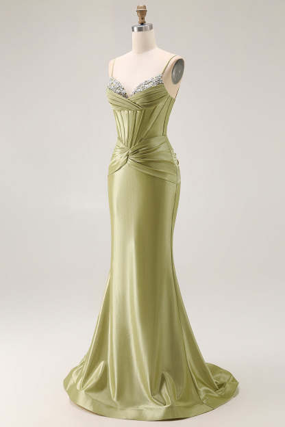 Sparkly Green Corset Spaghetti Straps Mermaid Long Prom Dress