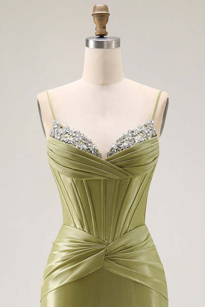 Sparkly Green Corset Spaghetti Straps Mermaid Long Prom Dress