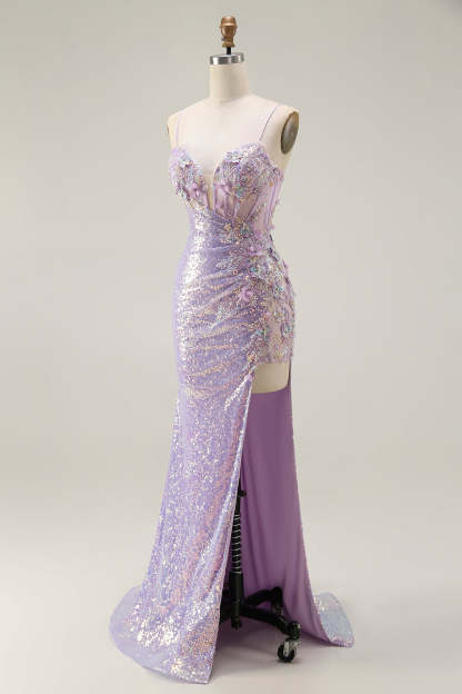Sparkly Lilac Corset Mermaid Long Prom Dress with Slit