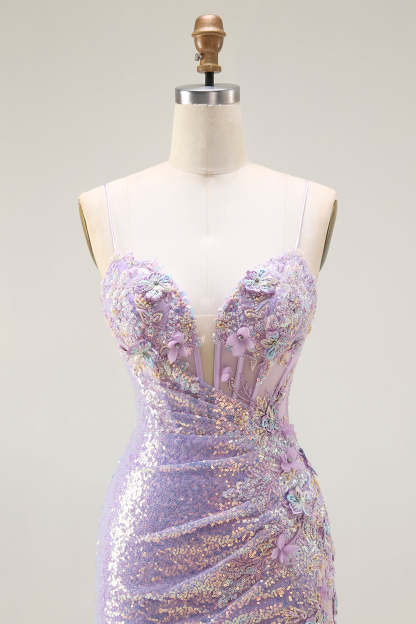 Sparkly Lilac Corset Mermaid Long Prom Dress with Slit