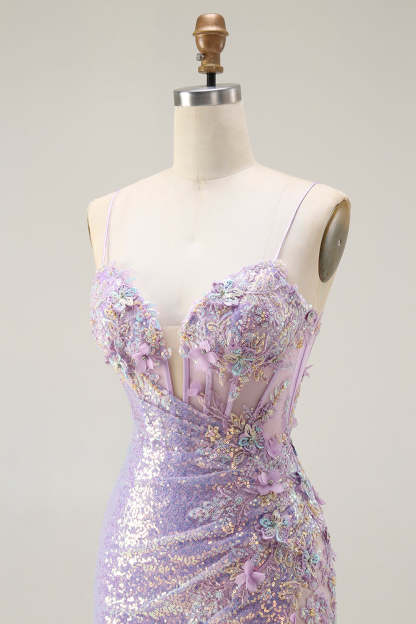 Sparkly Lilac Corset Mermaid Long Prom Dress with Slit