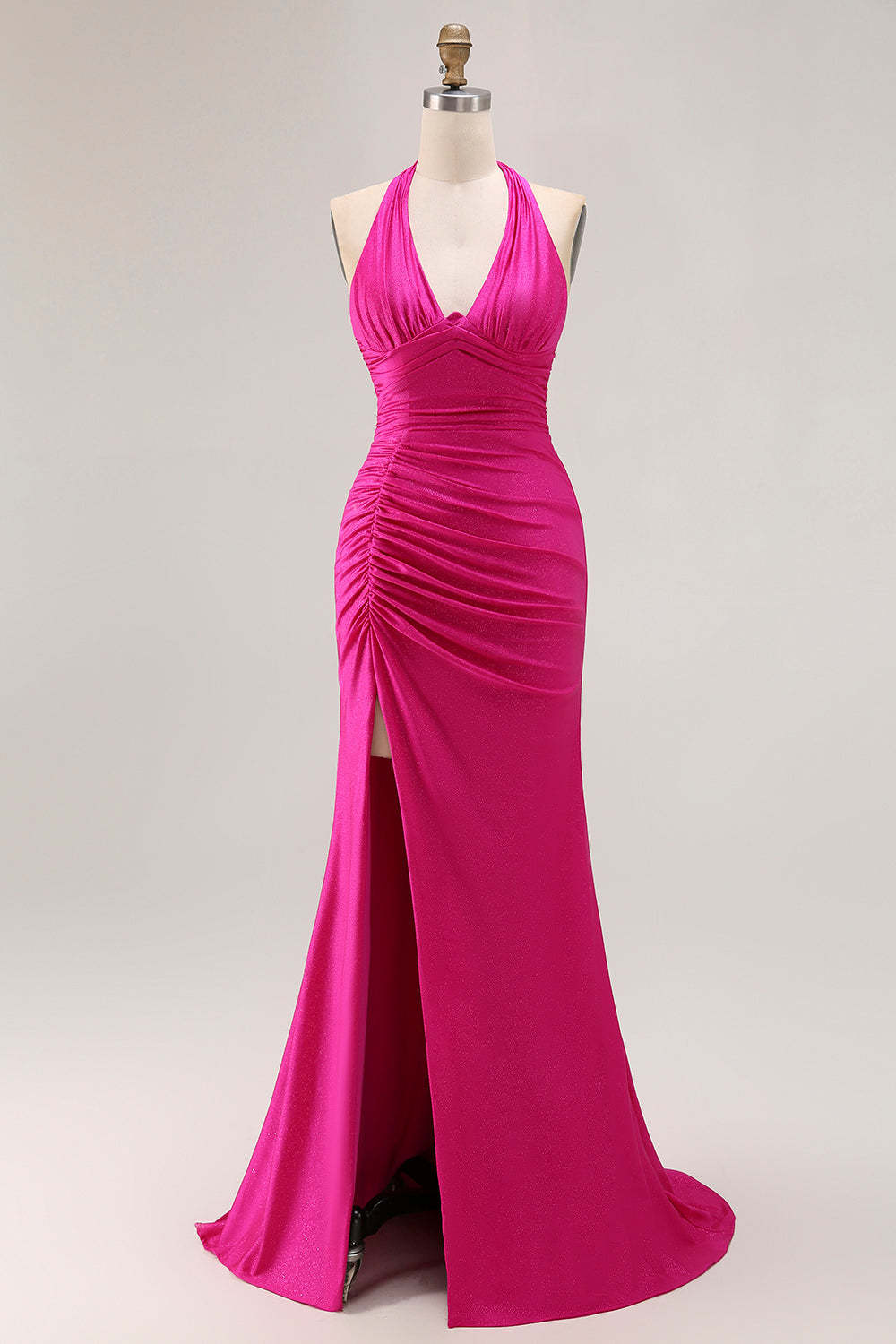 Leely Women Fuchsia Glitter Long Mermaid Prom Dress with Slit Halter Ruched Evening Dress