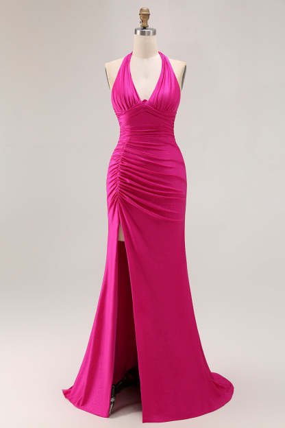 Leely Women Fuchsia Glitter Long Mermaid Prom Dress with Slit Halter Ruched Evening Dress