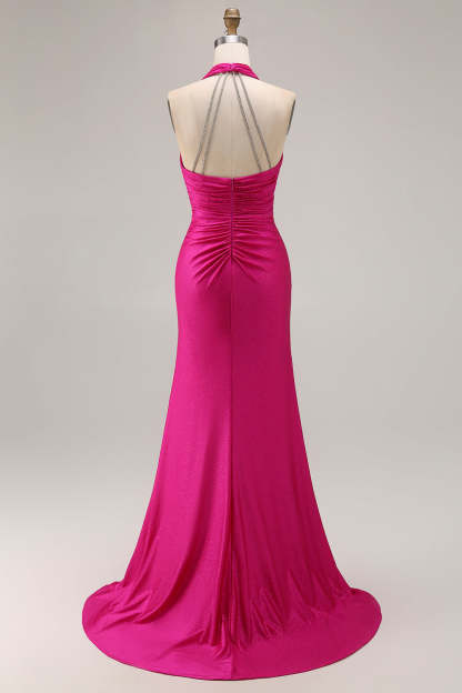 Glitter Fuchsia Mermaid Halter Ruched Long Prom Dress with Slit