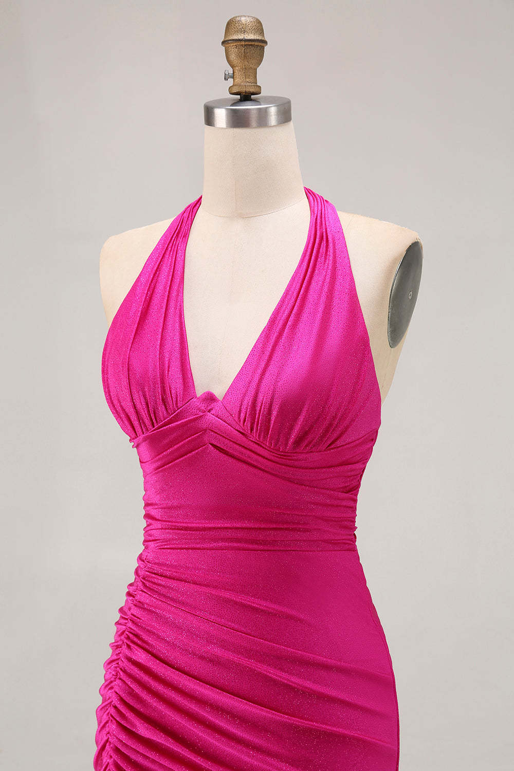 Glitter Fuchsia Mermaid Halter Ruched Long Prom Dress with Slit