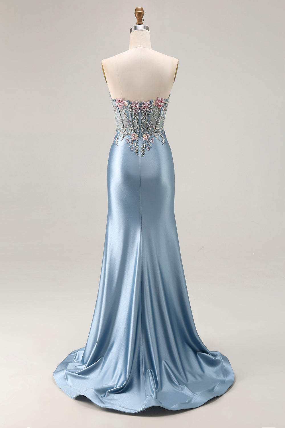Floral Grey Blue Satin Mermaid Ruched Long Corset Prom Dress with Slit