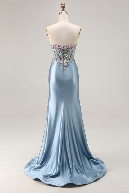 Floral Grey Blue Satin Mermaid Ruched Long Corset Prom Dress with Slit