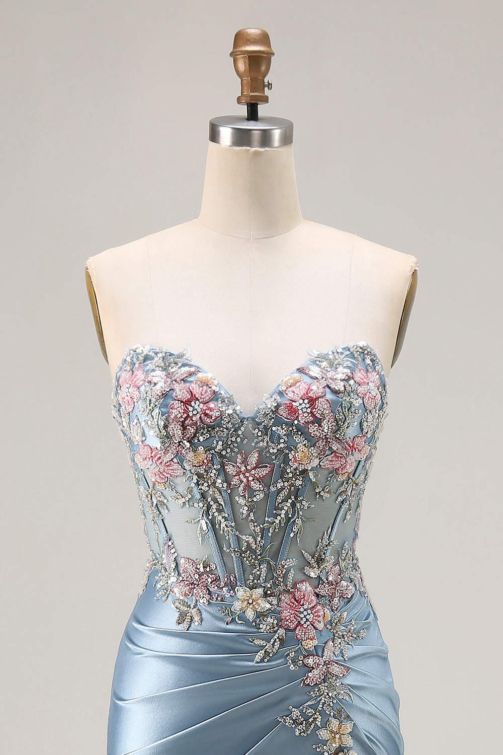 Floral Satin Grey Blue Mermaid Ruched Long Corset Prom Dress with Slit