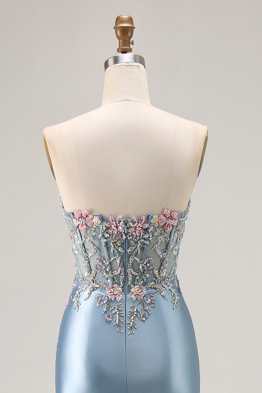 Floral Satin Grey Blue Mermaid Ruched Long Corset Prom Dress with Slit