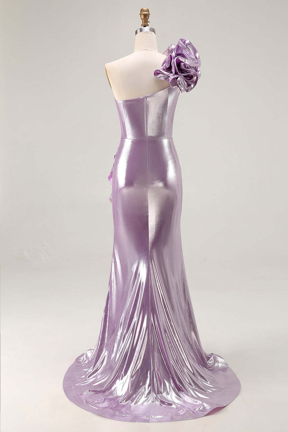 Sparkly Light Purple Mermaid Metallic Ruffled Long Prom Dress with 3D Flower