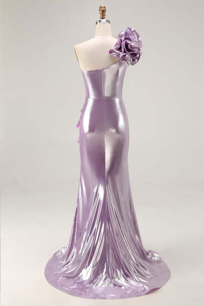 Sparkly Light Purple Mermaid Metallic Ruffled Long Prom Dress with 3D Flower