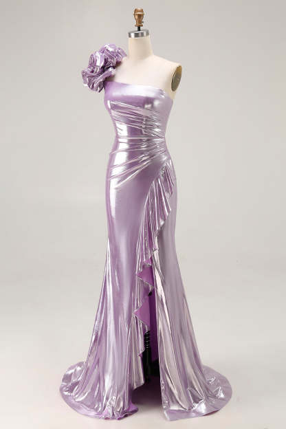Sparkly Light Purple Mermaid Metallic Ruffled Long Prom Dress with 3D Flower