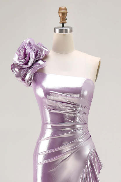 Sparkly Light Purple Mermaid Metallic Ruffled Long Prom Dress with 3D Flower