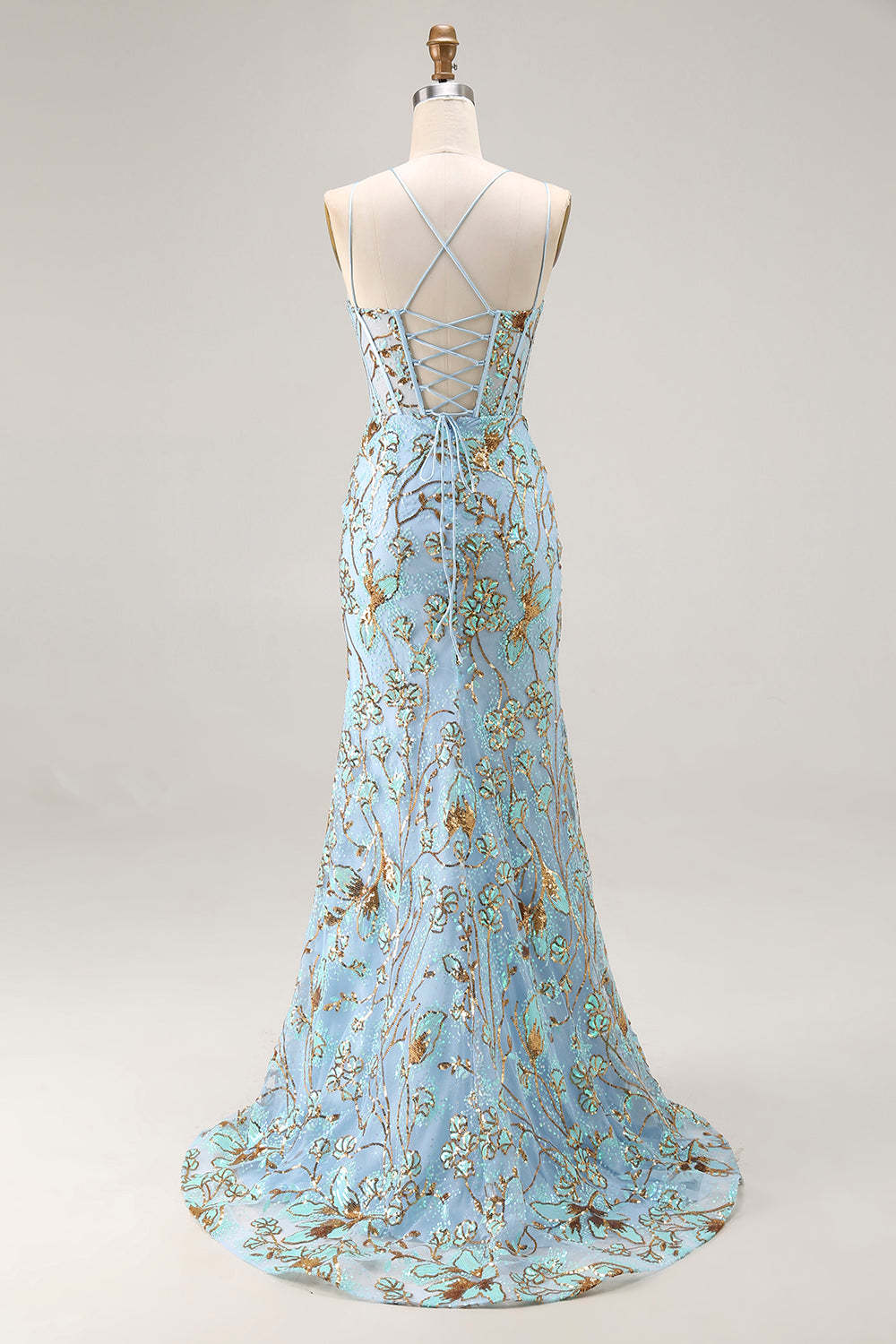 Sparkly Lake Blue Sequins Mermaid Long Corset Prom Dress with Slit