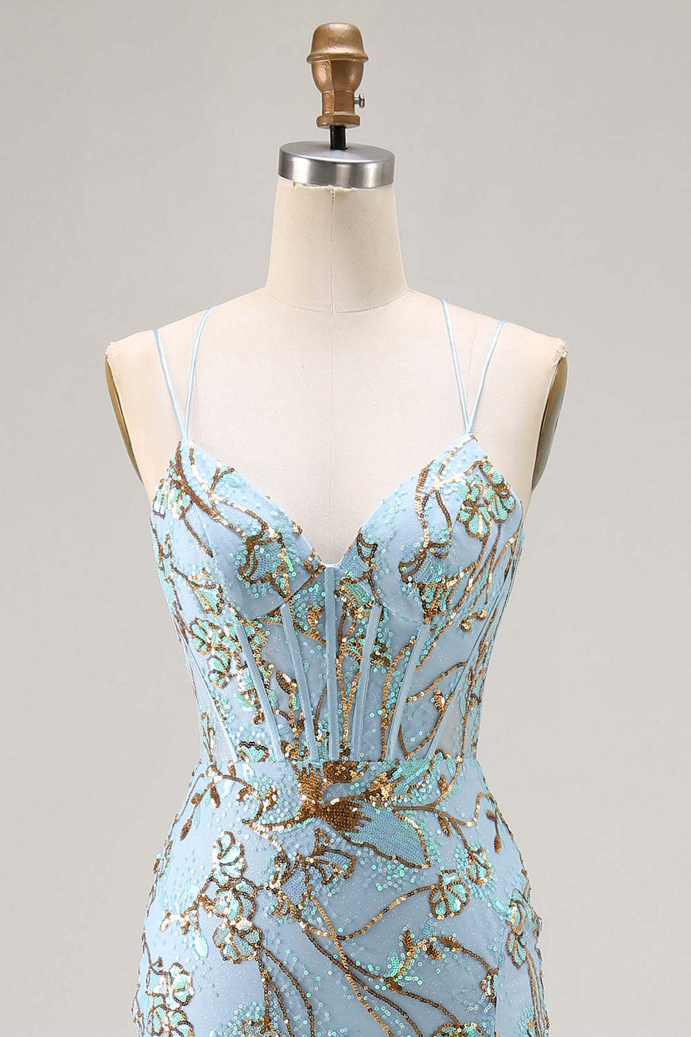 Sparkly Lake Blue Mermaid Sequins Long Corset Prom Dress with Slit