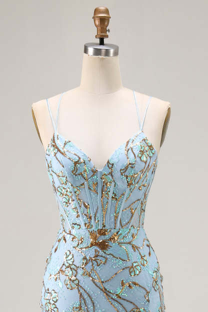 Sparkly Lake Blue Mermaid Sequins Long Corset Prom Dress with Slit