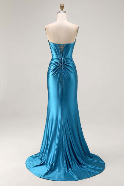 Royal Blue Satin Mermaid Ruched Maxi Corset Prom Dress with Slit