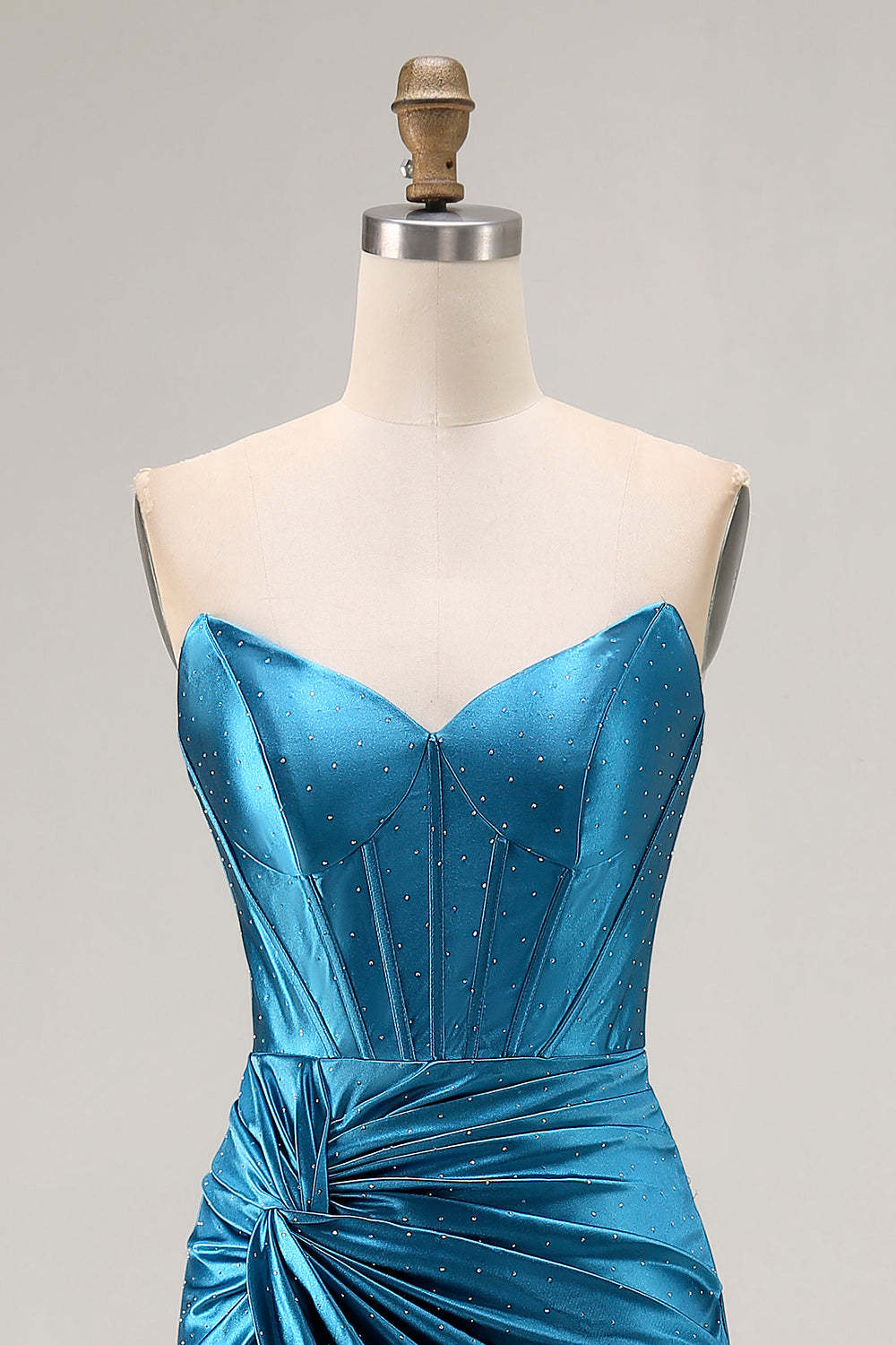 Royal Blue Satin Mermaid Ruched Maxi Corset Prom Dress with Slit