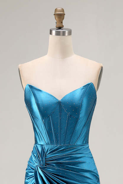 Royal Blue Satin Mermaid Ruched Maxi Corset Prom Dress with Slit