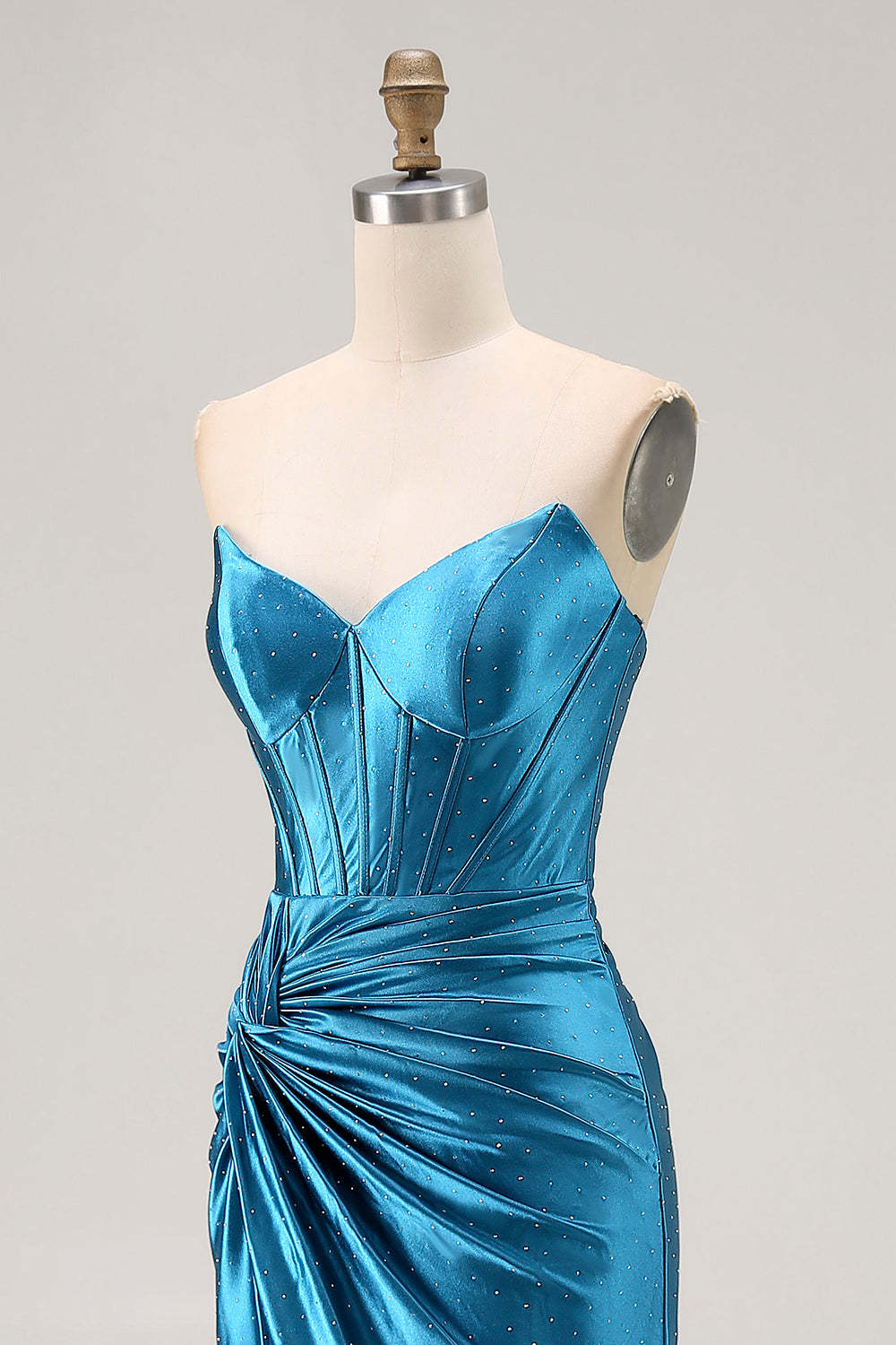Royal Blue Satin Mermaid Ruched Maxi Corset Prom Dress with Slit