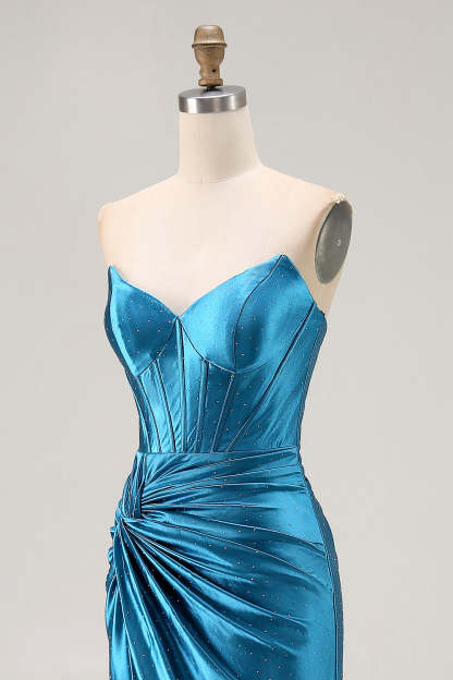 Royal Blue Satin Mermaid Ruched Maxi Corset Prom Dress with Slit