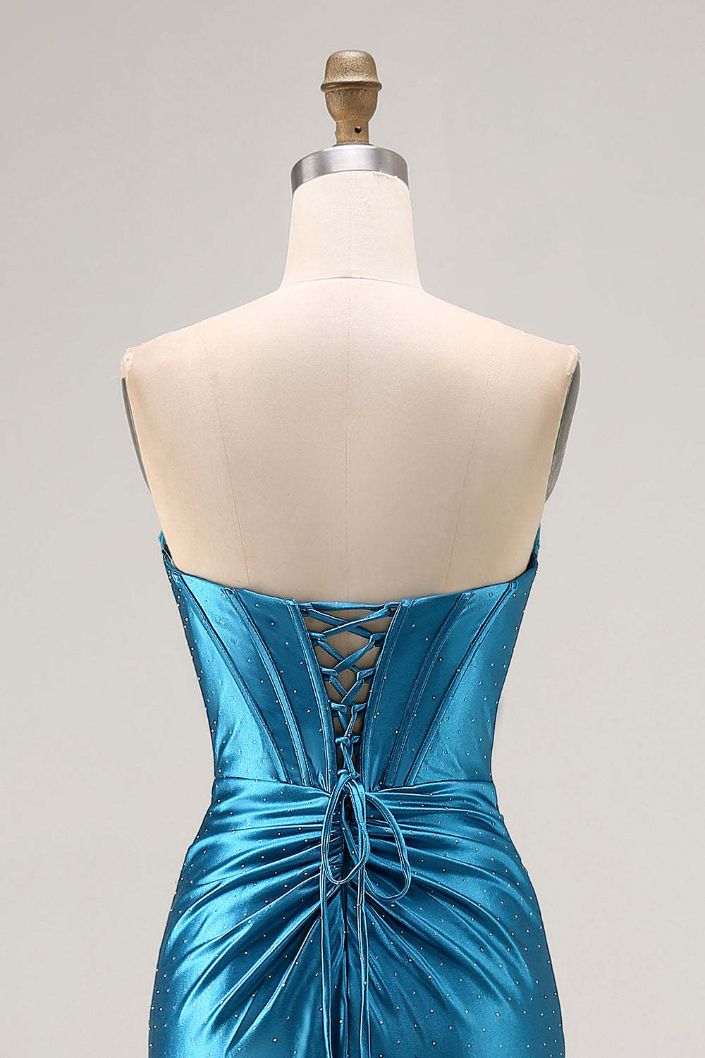 Royal Blue Satin Mermaid Ruched Maxi Corset Prom Dress with Slit