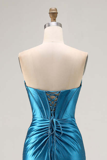 Royal Blue Satin Mermaid Ruched Maxi Corset Prom Dress with Slit