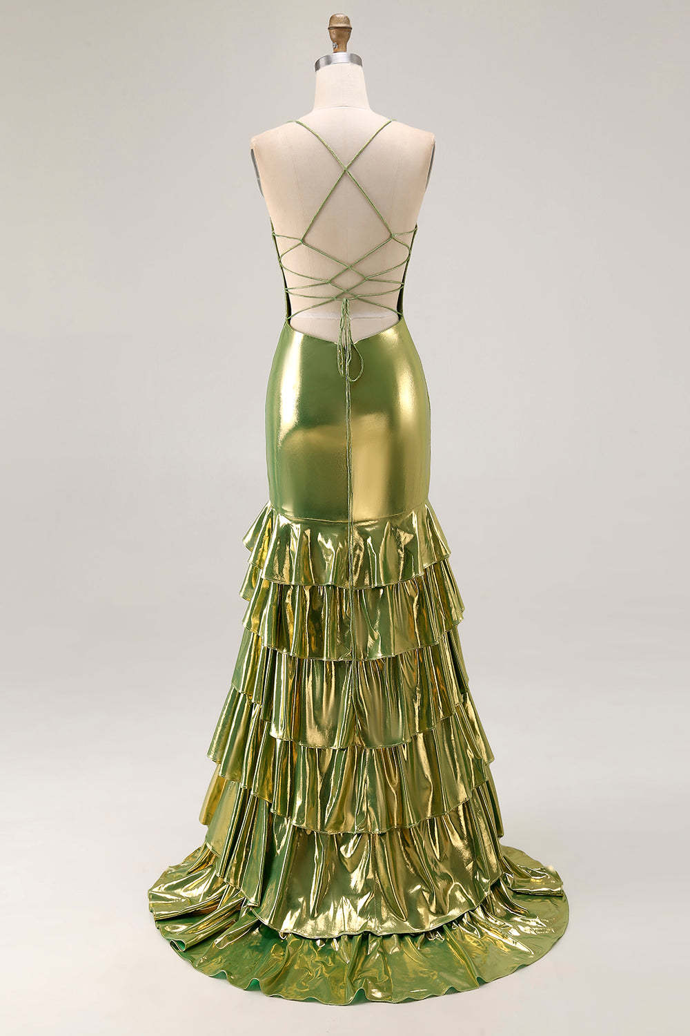 Gold Tiered Mermaid Metallic Long Prom Dress with Ruffles