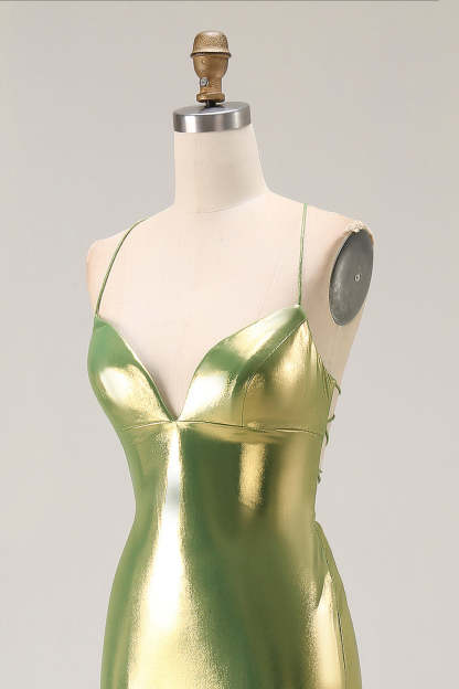 Gold Tiered Mermaid Metallic Long Prom Dress with Ruffles