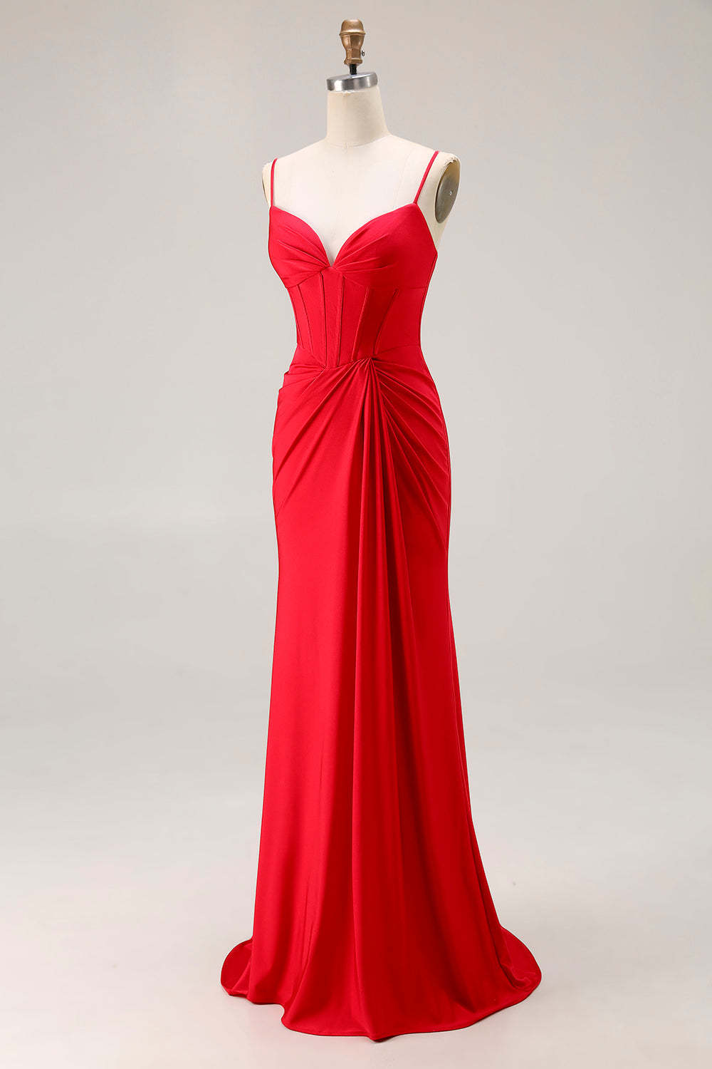 Red Ruched Satin Mermaid Maxi Corset Prom Dress