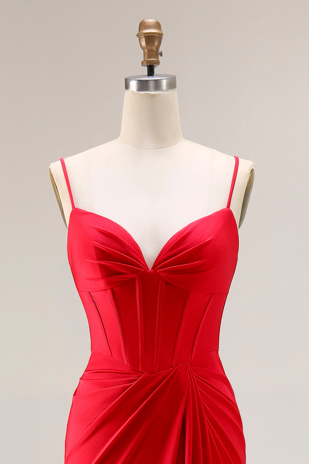 Red Ruched Satin Mermaid Maxi Corset Prom Dress