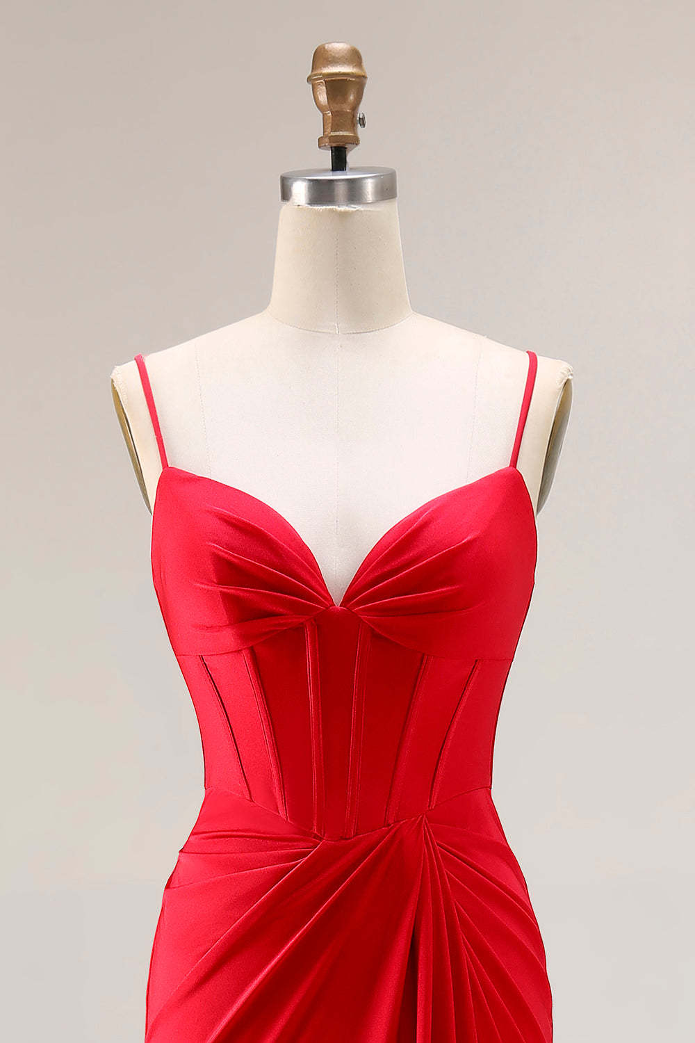 Red Ruched Satin Mermaid Maxi Corset Prom Dress