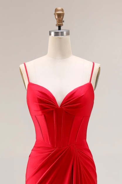 Red Ruched Satin Mermaid Maxi Corset Prom Dress