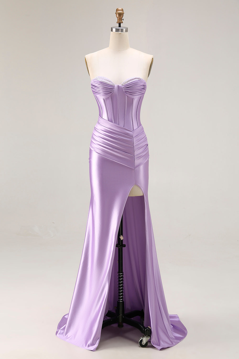 Leely Women Purple Long Satin Corset Prom Dress with Slit Sweetheart Strapless Mermaid Ruched Formal Dress