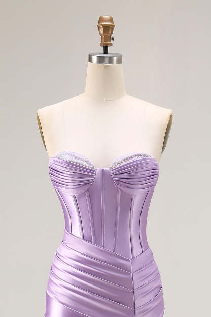 Purple Satin Sweetheart Mermaid Ruched Long Corset Prom Dress with Slit