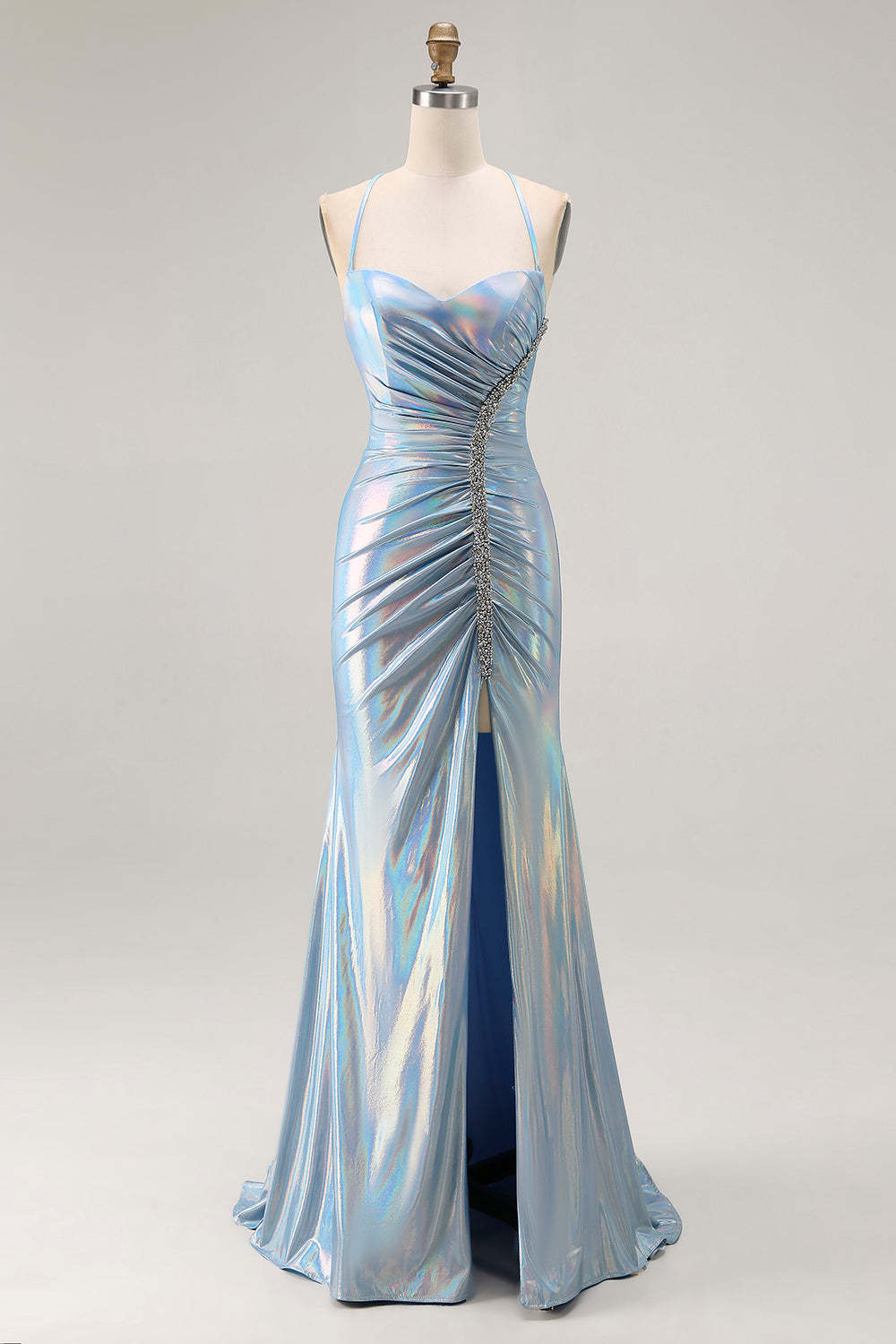 Leely Women Sparkly Light Blue Long Prom Dress with Slit Mermaid Ruched Metallic Spaghetti Straps Lace Up Back Formal Dress with Beading