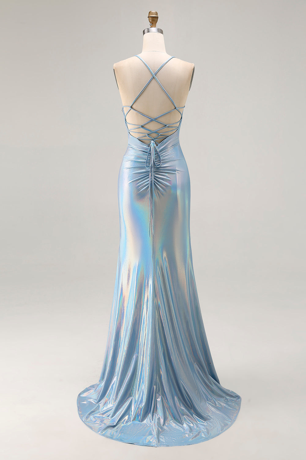 Sparkly Light Blue Mermaid Ruched Metallic Long Prom Dress