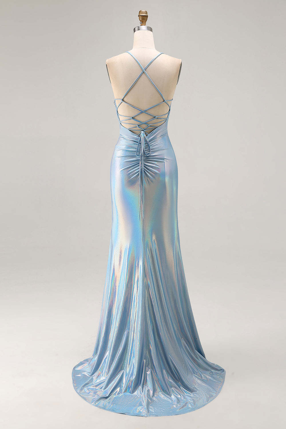 Sparkly Light Blue Mermaid Ruched Metallic Long Prom Dress