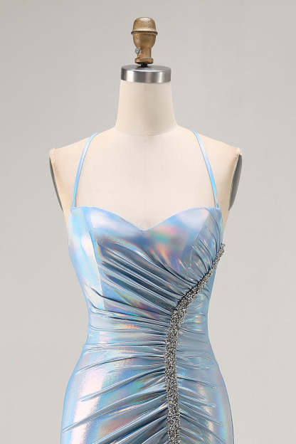 Sparkly Light Blue Mermaid Ruched Metallic Long Prom Dress