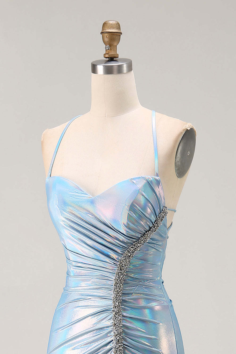 Sparkly Light Blue Mermaid Ruched Metallic Long Prom Dress