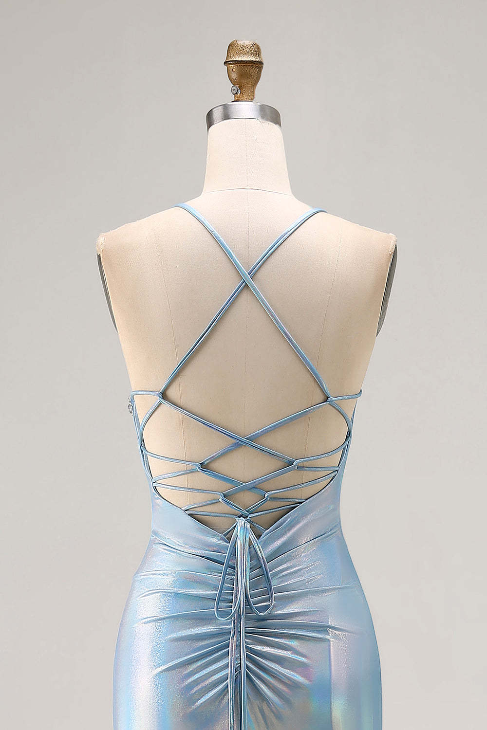 Sparkly Light Blue Mermaid Ruched Metallic Long Prom Dress
