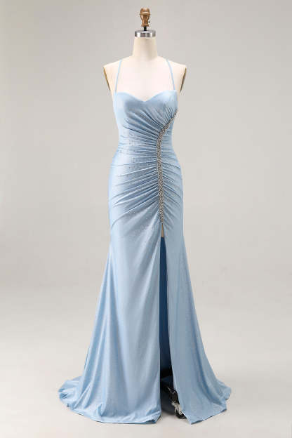 Leely Women Sparkly Light Blue Beaded Long Prom Dress with Slit Satin Spaghetti Straps Ruched Mermaid Lace Up Back Formal Dress