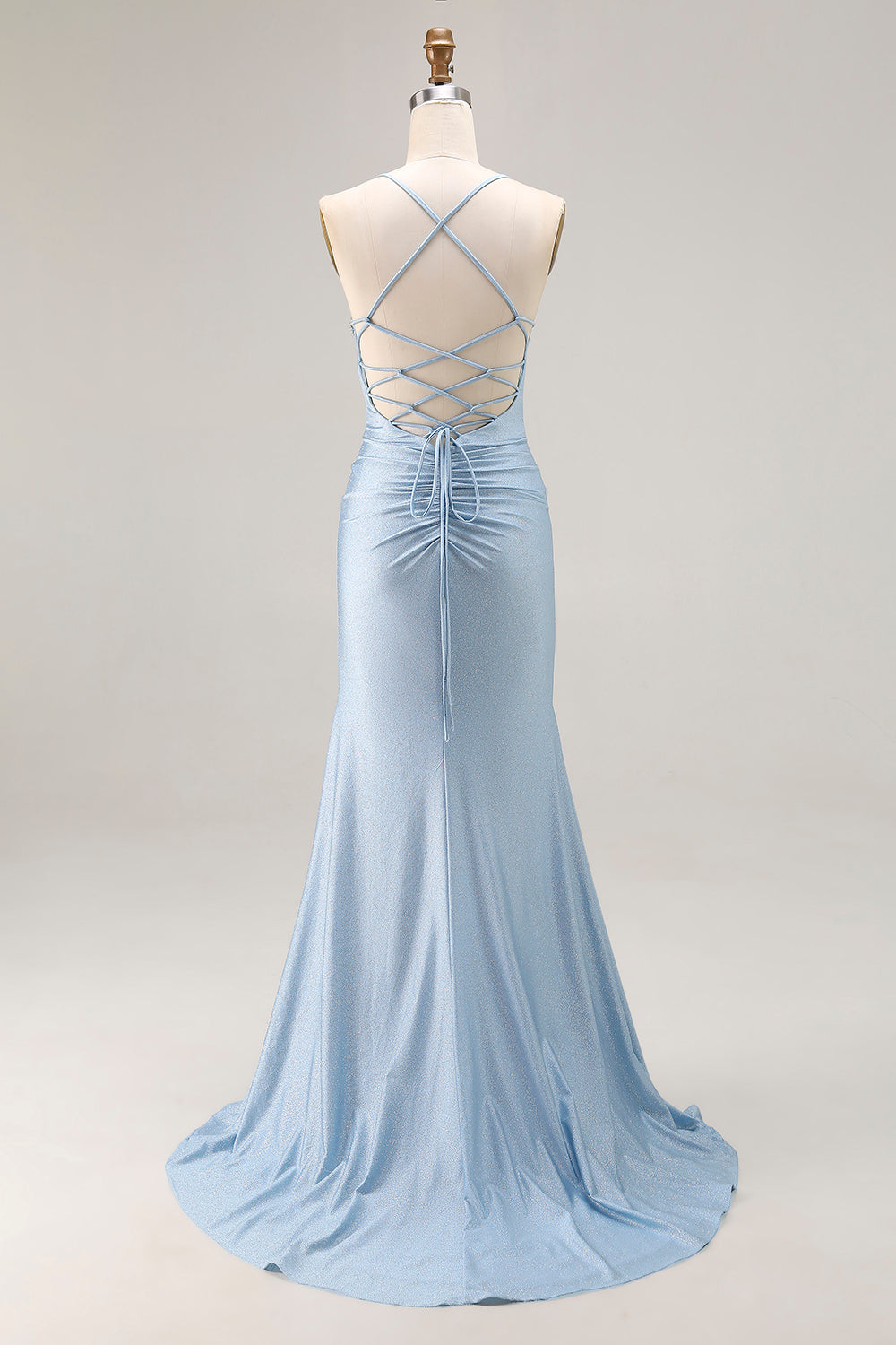 Sparkly Light Blue Beaded Mermaid Satin Long Prom Dress with Slit
