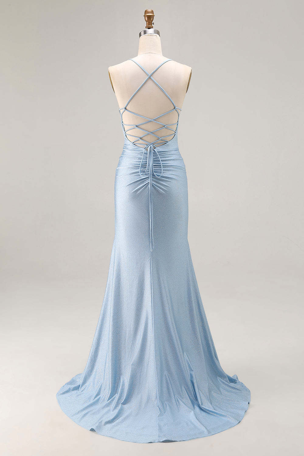 Sparkly Light Blue Beaded Mermaid Satin Long Prom Dress with Slit