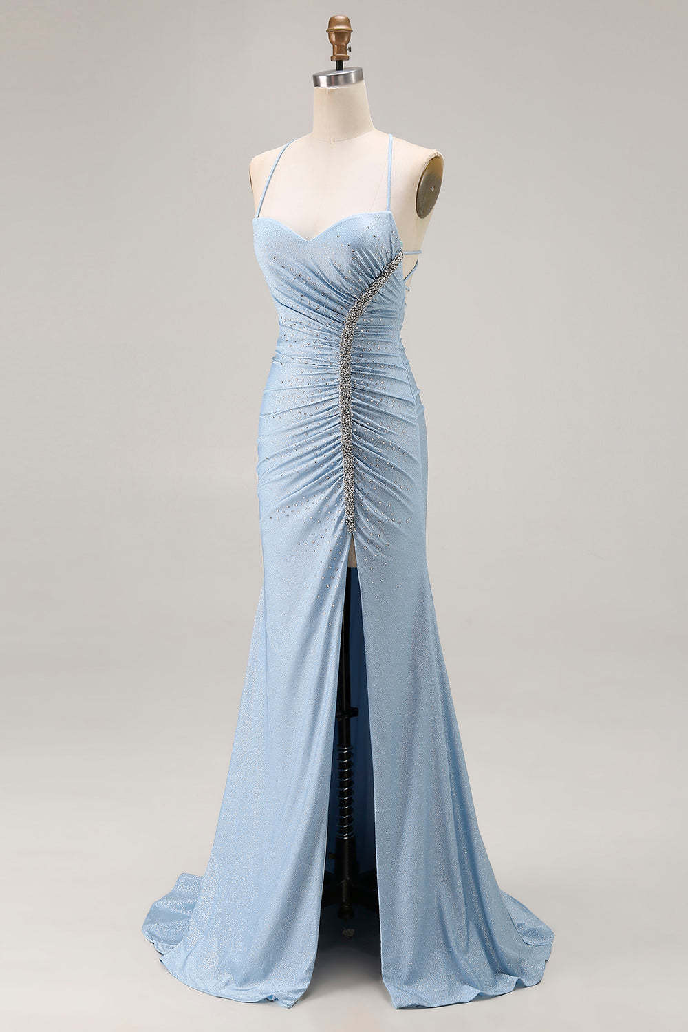 Sparkly Light Blue Beaded Mermaid Satin Long Prom Dress with Slit