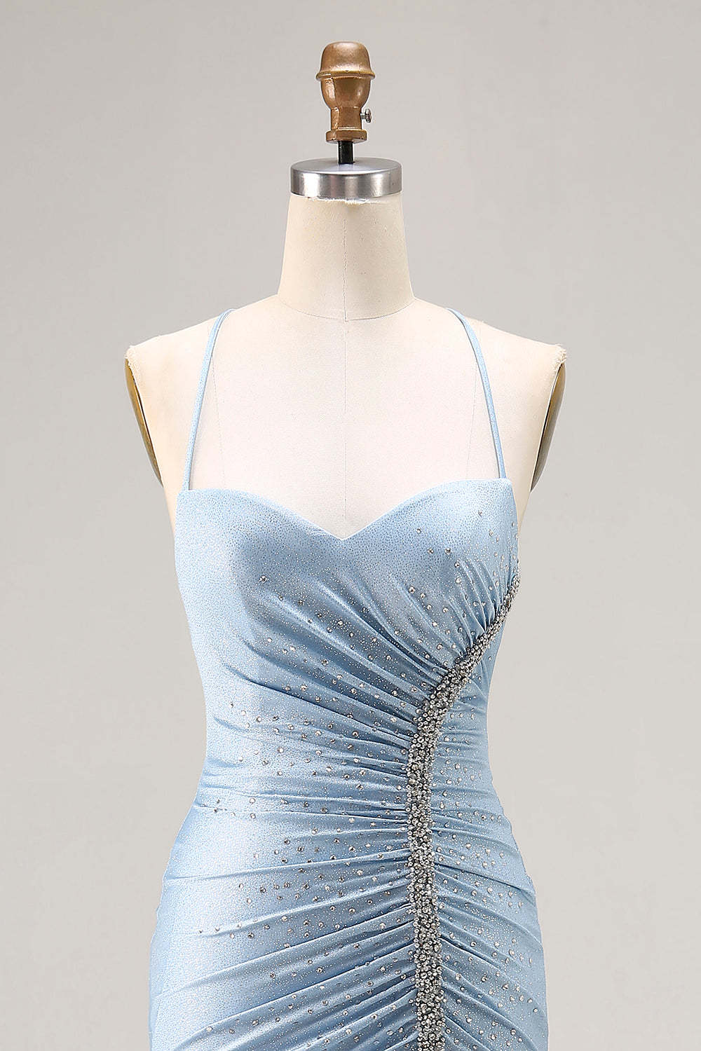 Sparkly Light Blue Beaded Mermaid Satin Long Prom Dress with Slit