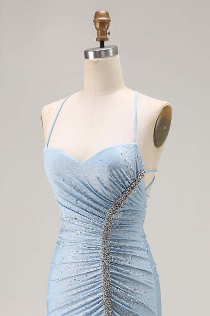 Sparkly Light Blue Beaded Mermaid Satin Long Prom Dress with Slit